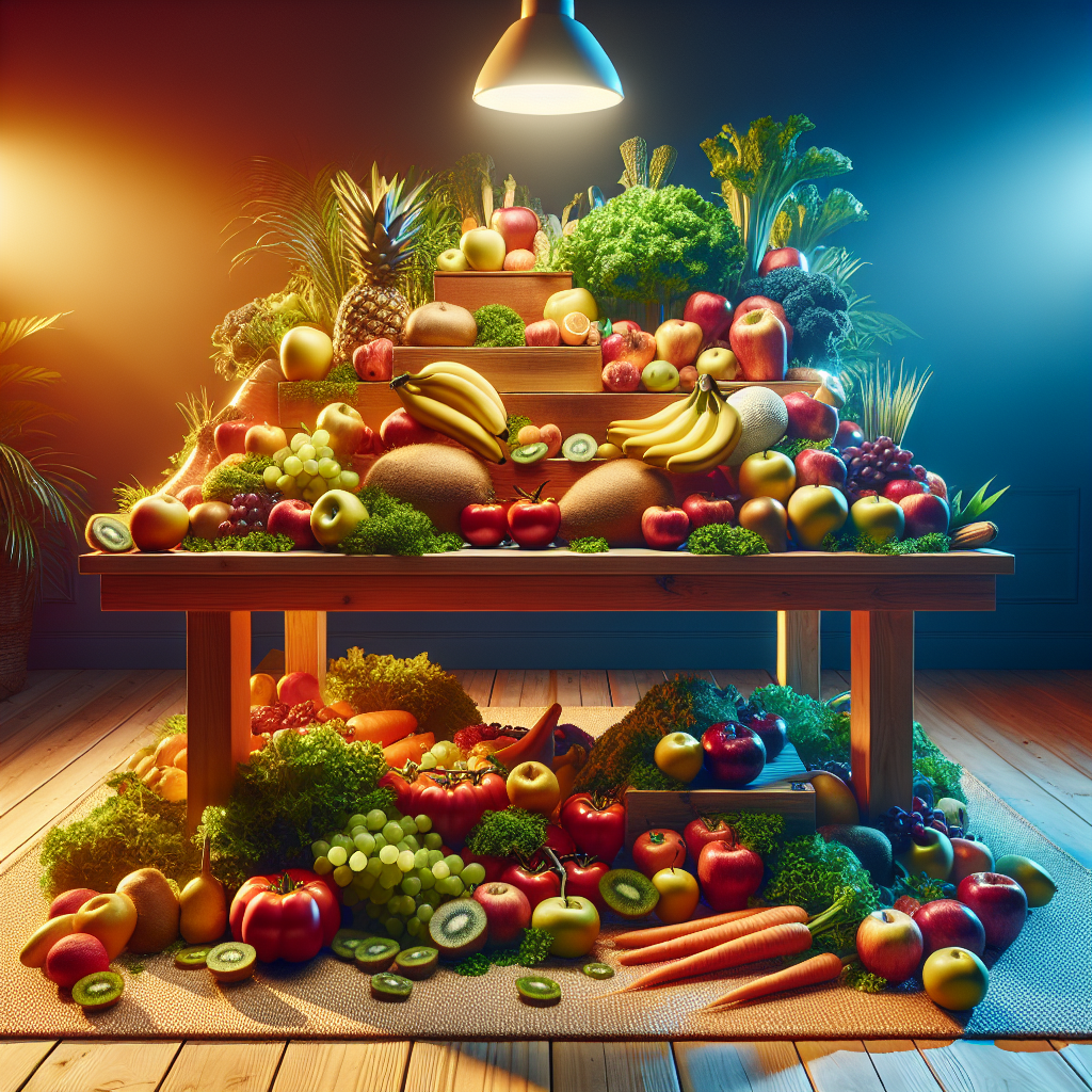 Plein de fruits et légumes frais disposés sur une table de cuisine en bois, montrant diverses couleurs et textures.