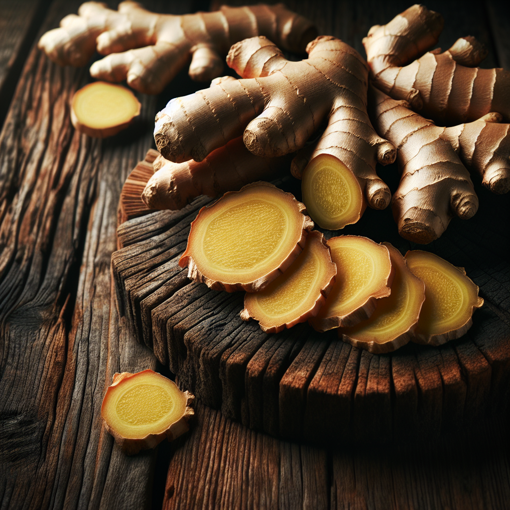 Image de racines de gingembre frais sur une table en bois, mettant en évidence sa texture et ses couleurs vives.