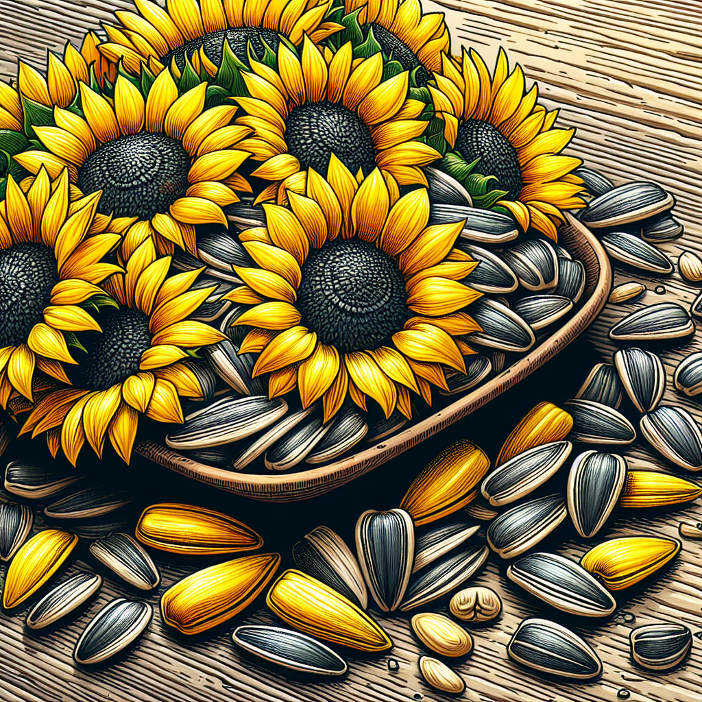 Illustration colorée et détaillée de graines de tournesol éparpillées sur une table en bois rustique, avec des fleurs de tournesol jaunes vibrantes en arrière-plan, mettant en valeur leur texture naturelle et leur fraîcheur.