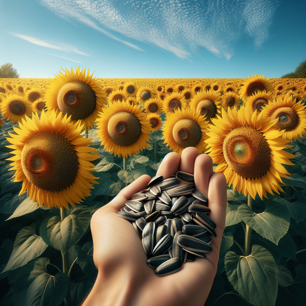 Un champ de tournesols avec des graines dispersées au premier plan, montrant leur richesse énergétique naturelle.