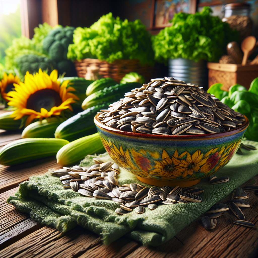 Bol coloré rempli de graines de tournesol nutritives et de légumes frais dans une cuisine rustique.