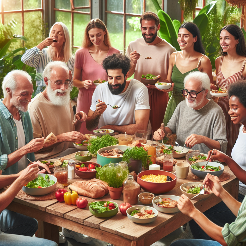 Un groupe de personnes de différents âges et origines profitant d'un repas sain ensemble dans un environnement convivial.