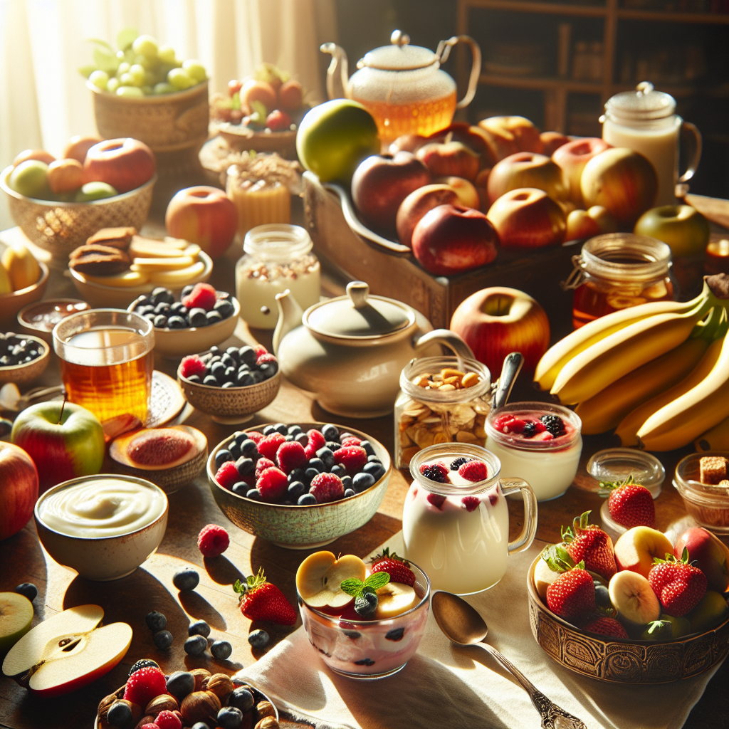 Table de petit-déjeuner sain avec des options naturelles et sans sucre, comme des fruits frais, du yogourt et du thé aux herbes.