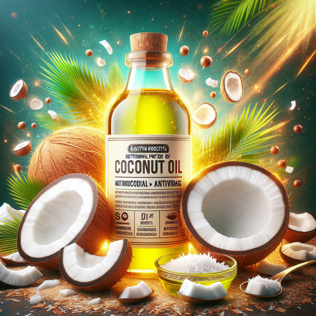 Illustration détaillée mettant en avant une bouteille d'huile de coco entourée de noix de coco ouvertes, soulignant les propriétés nutritionnelles et les triglycérides à chaîne moyenne.