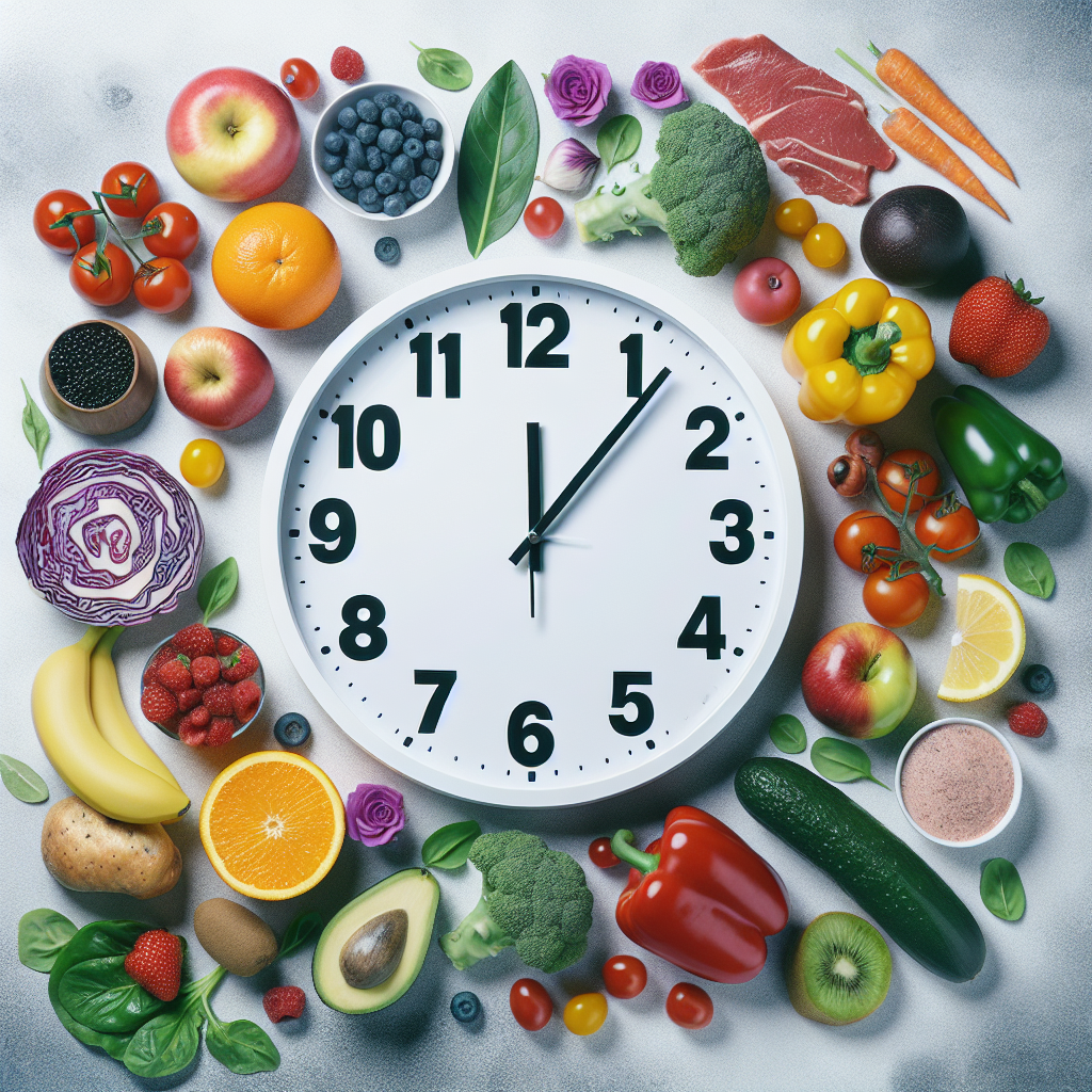 Une horloge affichant 12 heures à 20 heures avec des aliments sains comme des fruits, des légumes et de la viande maigre, représentant le jeûne intermittent pour la perte de poids