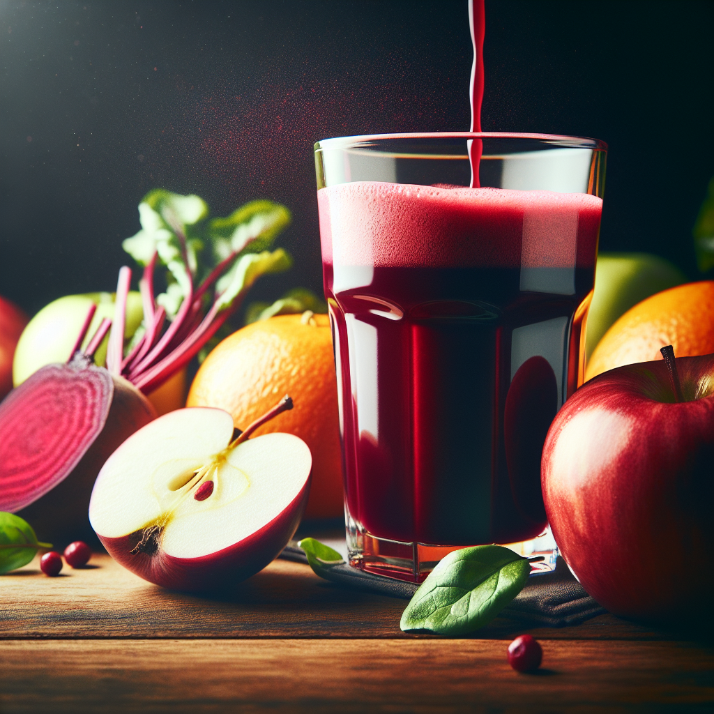 Verre de jus de betterave frais entouré de pommes et d'oranges, ambiance conviviale d'un bar à jus.