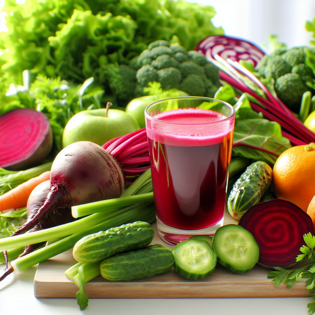 Verre de jus de betterave entouré de betteraves fraîches, de légumes verts et d'agrumes, représentant le soutien au système immunitaire.