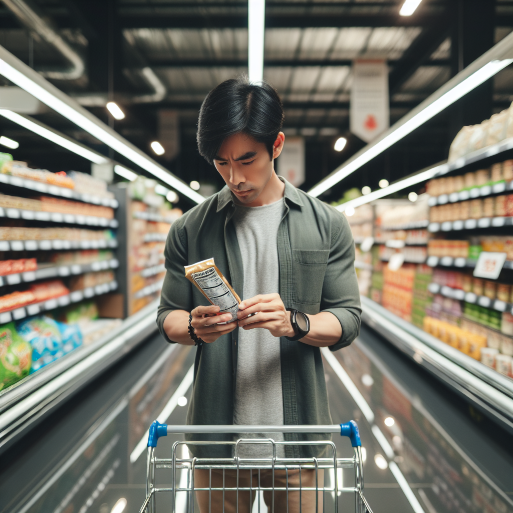 Personne lisant une étiquette alimentaire sur une étagère de supermarché