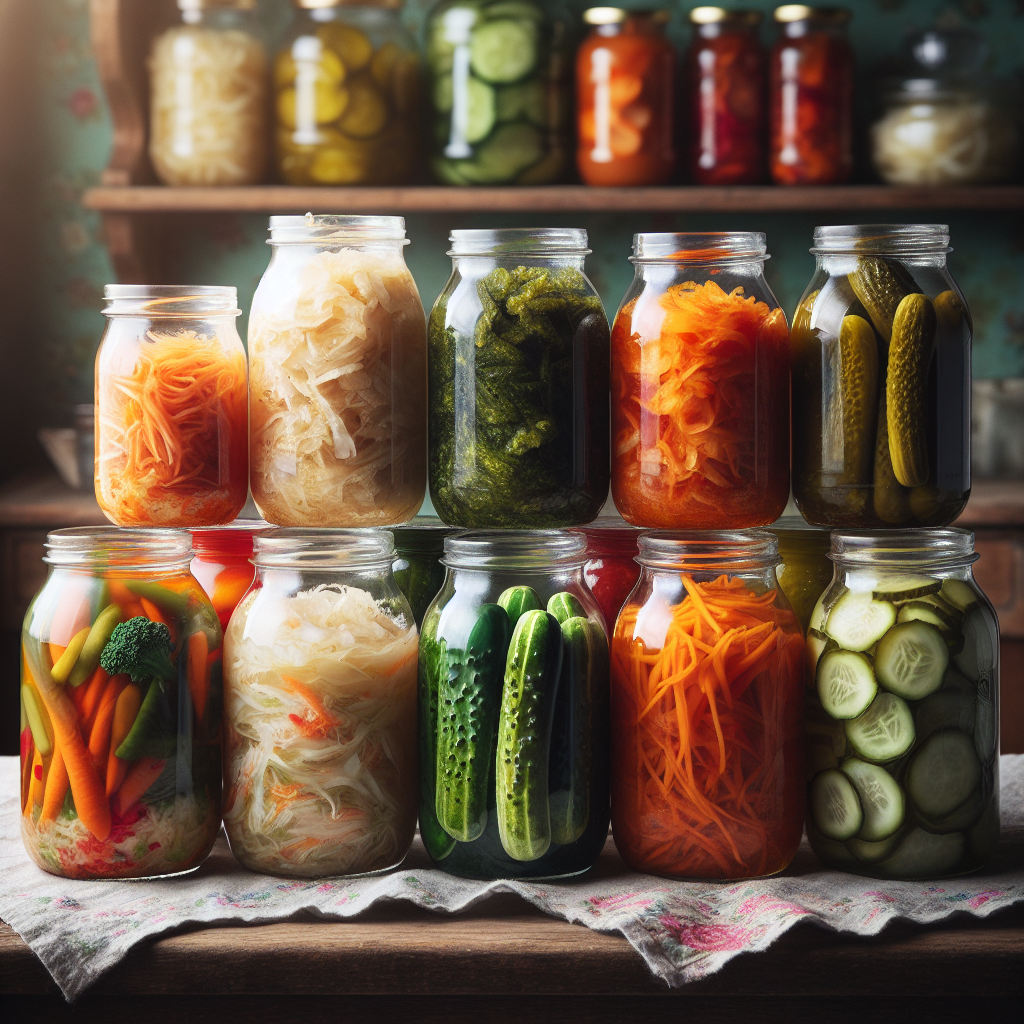 Un assortiment coloré de légumes fermentés dans des bocaux en verre sur un comptoir de cuisine rustique