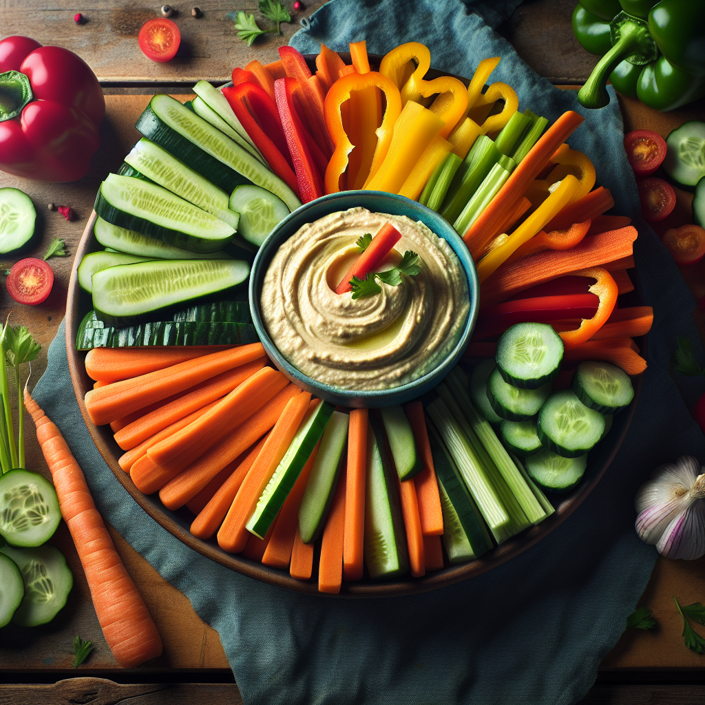 Une présentation appétissante de bâtonnets de carottes, concombres, poivrons et céleri avec un bol de houmous maison. L'image met en avant les couleurs vives et les textures croquantes des légumes, ainsi que la texture crémeuse du houmous.