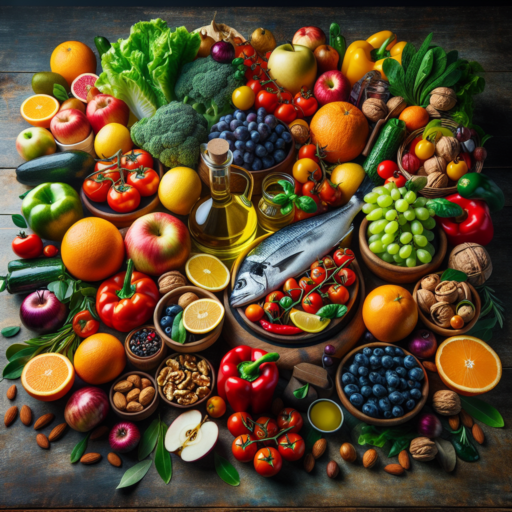 Un arrangement coloré d'ingrédients de la diète méditerranéenne sur une table en bois rustique.