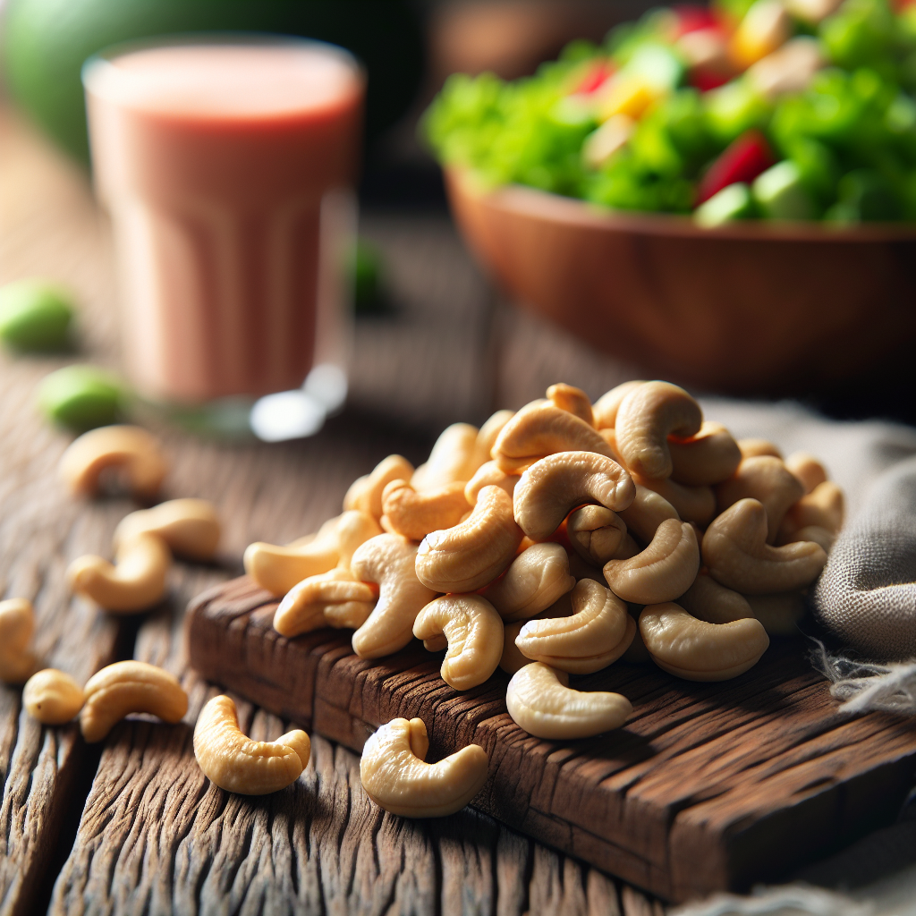 Une poignée de noix de cajou sur une table en bois, avec une salade et un smoothie en arrière-plan.