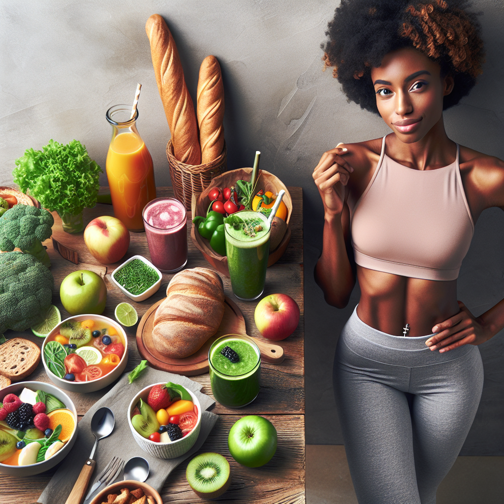 Un petit-déjeuner équilibré avec des fruits, des légumes, du pain et des smoothies sur une table, avec une personne active se sentant pleine d'énergie.