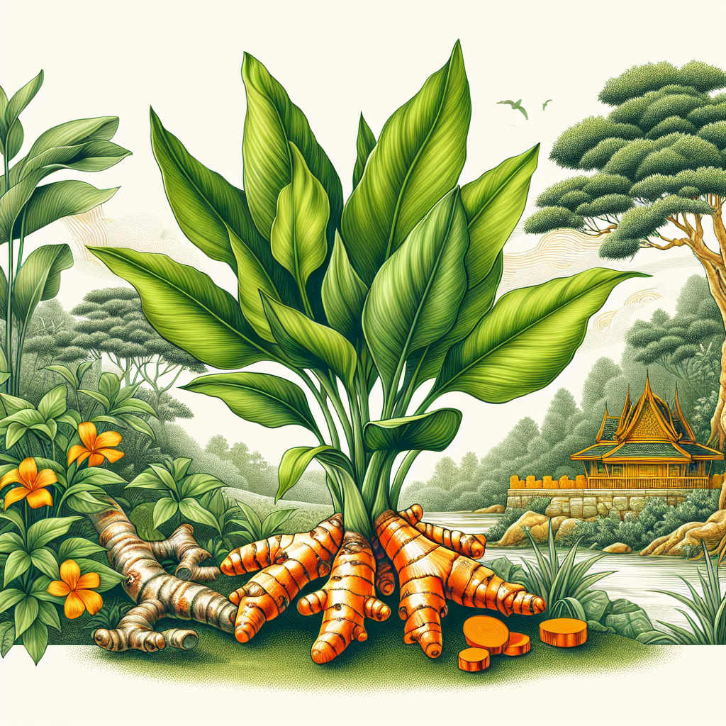 Une plante de curcuma avec des feuilles vertes luxuriantes et des racines orange vif, placée dans un cadre naturel évoquant son origine en Asie du Sud-Est.