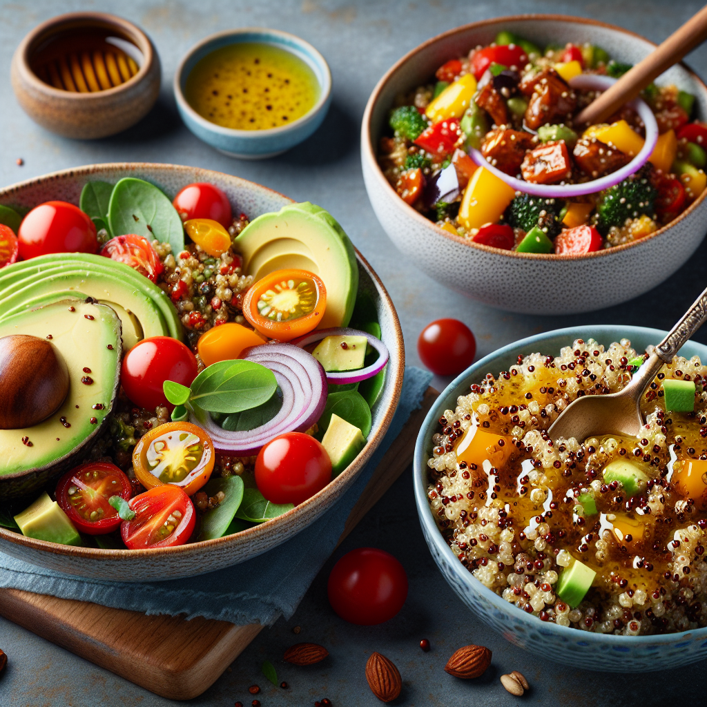 Trois plats à base de quinoa : une salade de quinoa avec des avocats, tomates cerises, oignons rouges et poivrons; un plat chaud de quinoa avec légumes sautés et protéines; un bol de petit-déjeuner au quinoa avec miel, fruits frais et noix.