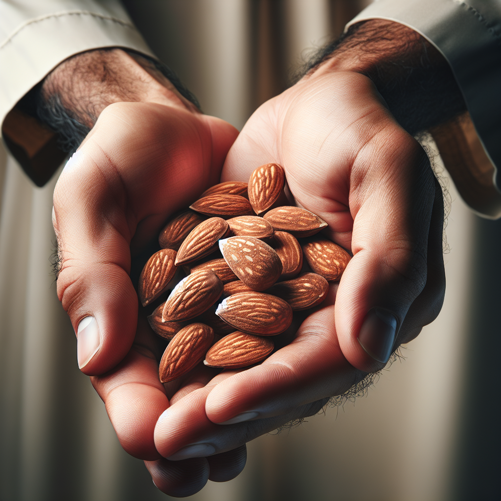 Une petite poignée d'amandes dans la main d'une personne avec un arrière-plan lumineux, montrant leur texture naturelle et leur richesse.