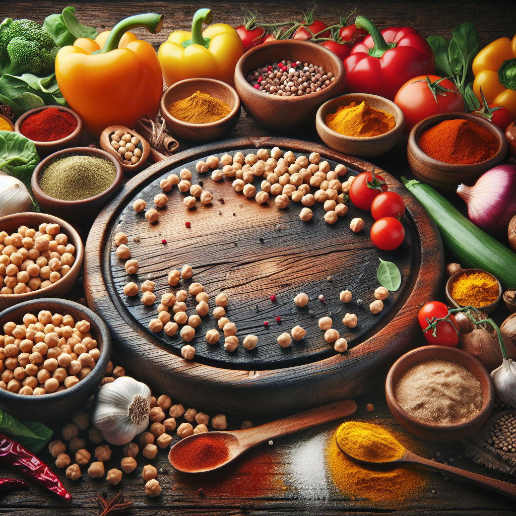 Pois chiches disposés sur une table en bois avec des légumes frais et des épices.