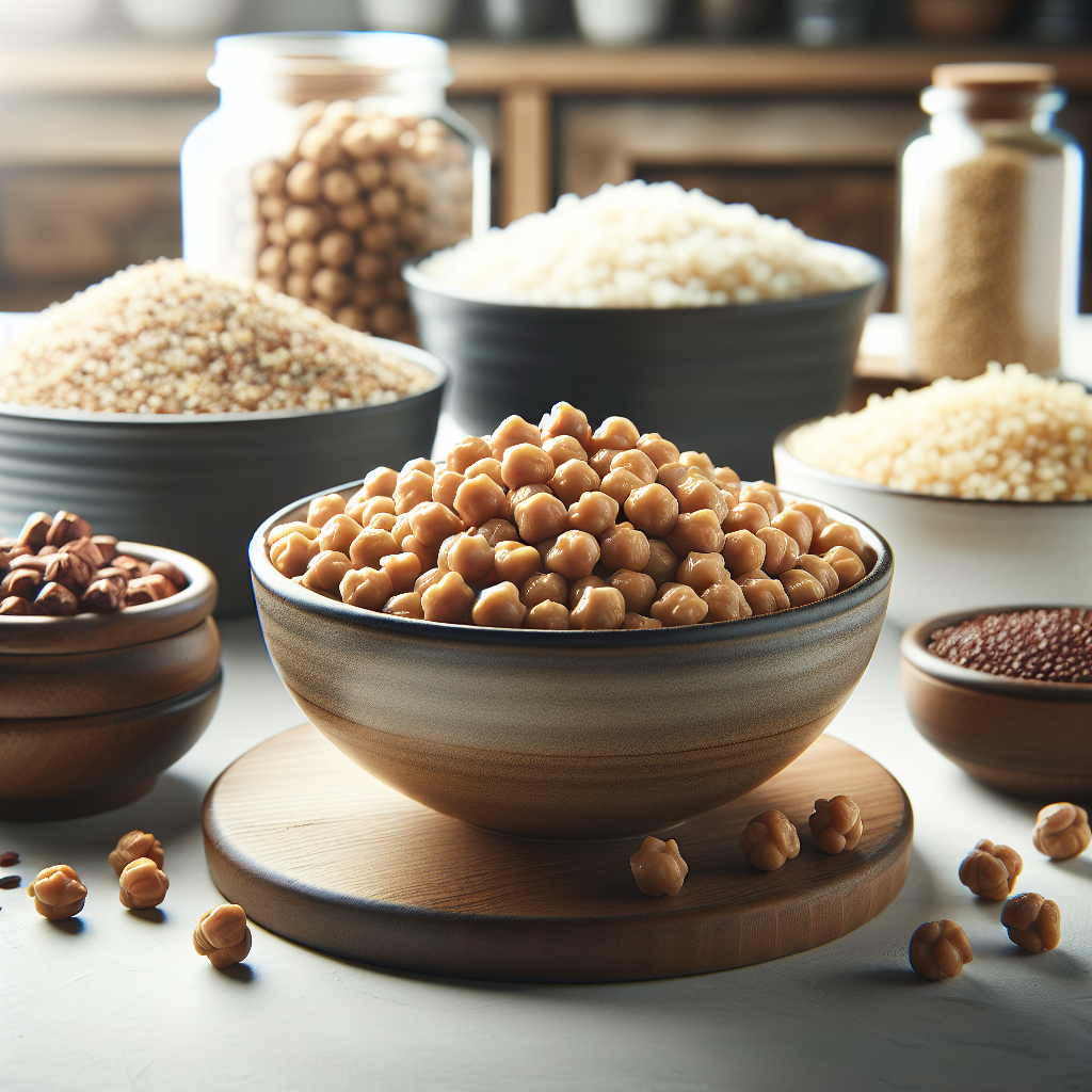 Un bol de pois chiches cuits, entouré de quinoa et de riz pour illustrer les protéines végétales.