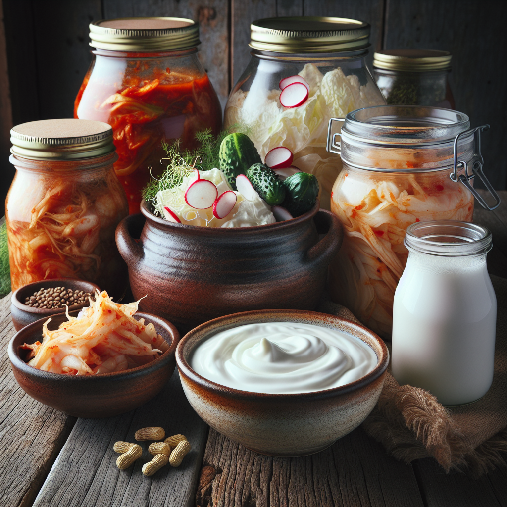 Une variété d'aliments fermentés riches en probiotiques sur une table en bois rustique.