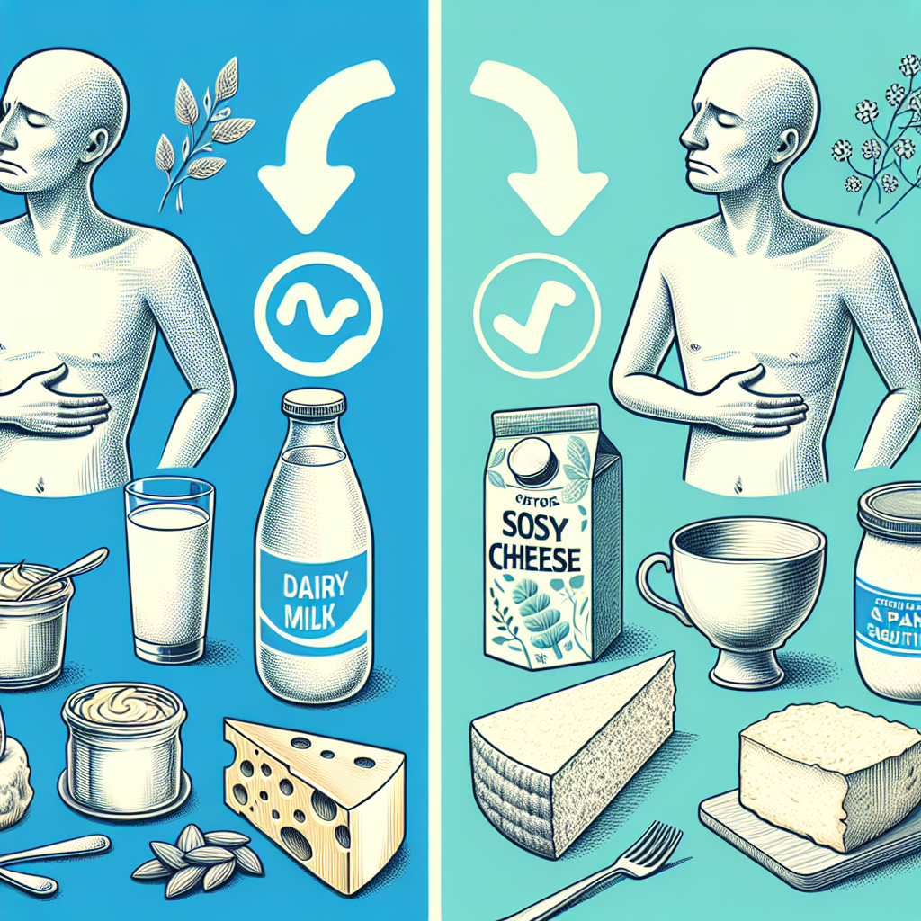 Comparaison entre des produits laitiers et des alternatives végétales comme le lait d'amande et de soja, avec des représentations visuelles de maux d'estomac pour suggérer une sensibilité aux produits laitiers.