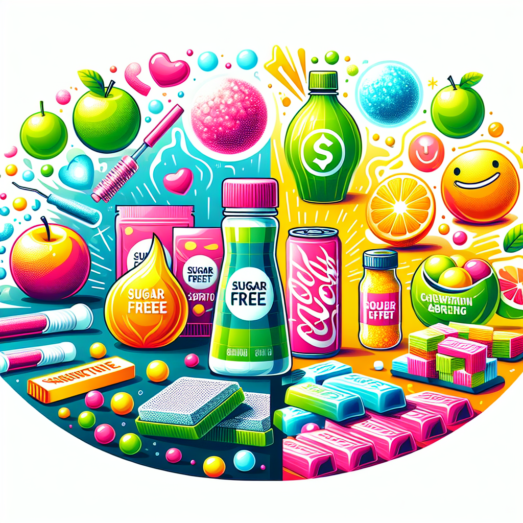 Illustration colorée montrant des produits sans sucre tels que des chewing-gums et des bonbons, contenant des édulcorants artificiels comme le sorbitol et l'aspartame. L'image met également en avant des problèmes potentiels comme les ballonnements et les gaz.