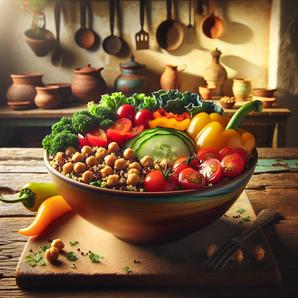 Un bol coloré de quinoa mélangé, de légumes frais et de pois chiches dans une cuisine rustique.