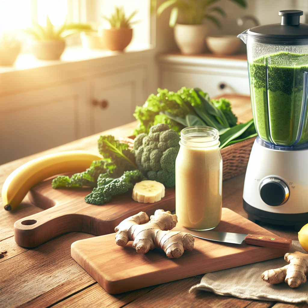 Une racine de gingembre fraîche placée sur une planche à découper à côté d'un blender rempli d'ingrédients pour smoothie vert, comme le chou frisé, les épinards et la banane. Scène de cuisine matinale avec une lumière naturelle douce.