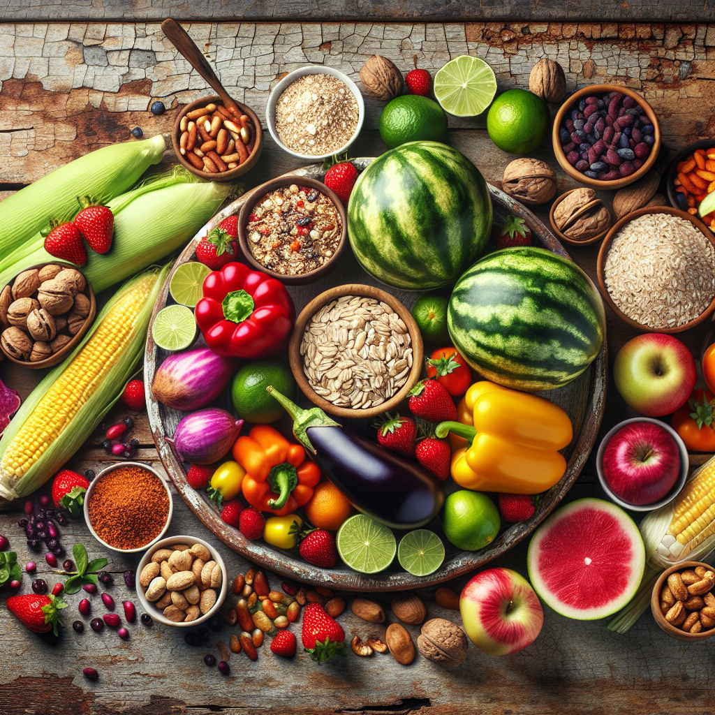 Un repas équilibré avec des légumes colorés, des fruits, des noix et des grains.