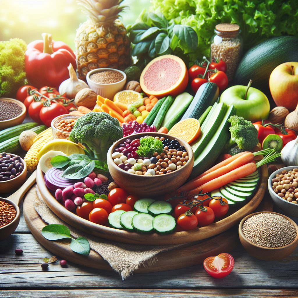 Un repas végétarien équilibré avec des fruits frais, des légumes, des grains entiers et des légumineuses, présenté de manière appétissante et saine.