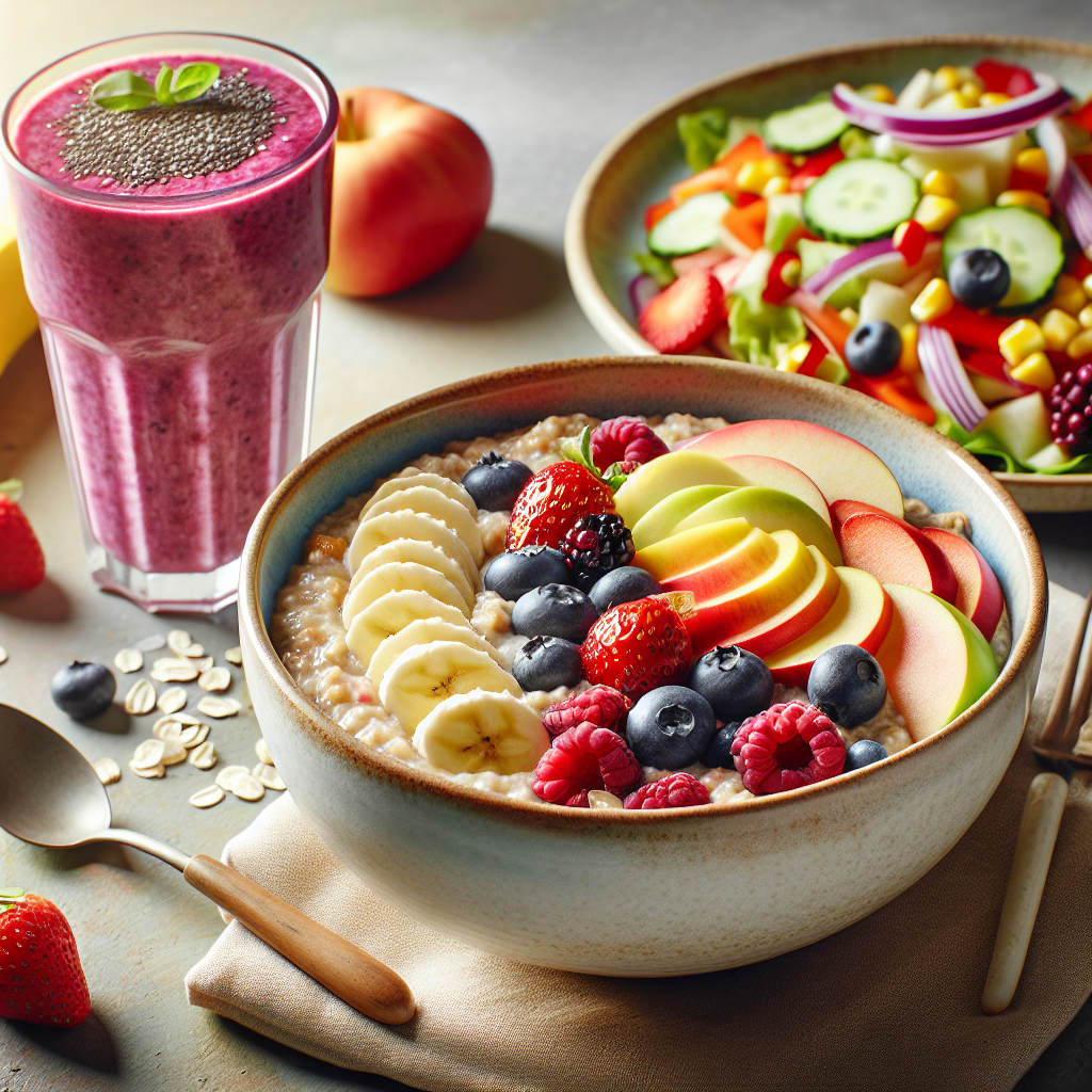 Un bol de flocons d'avoine avec des fruits frais, un smoothie aux graines de chia et une salade colorée de légumes crus.