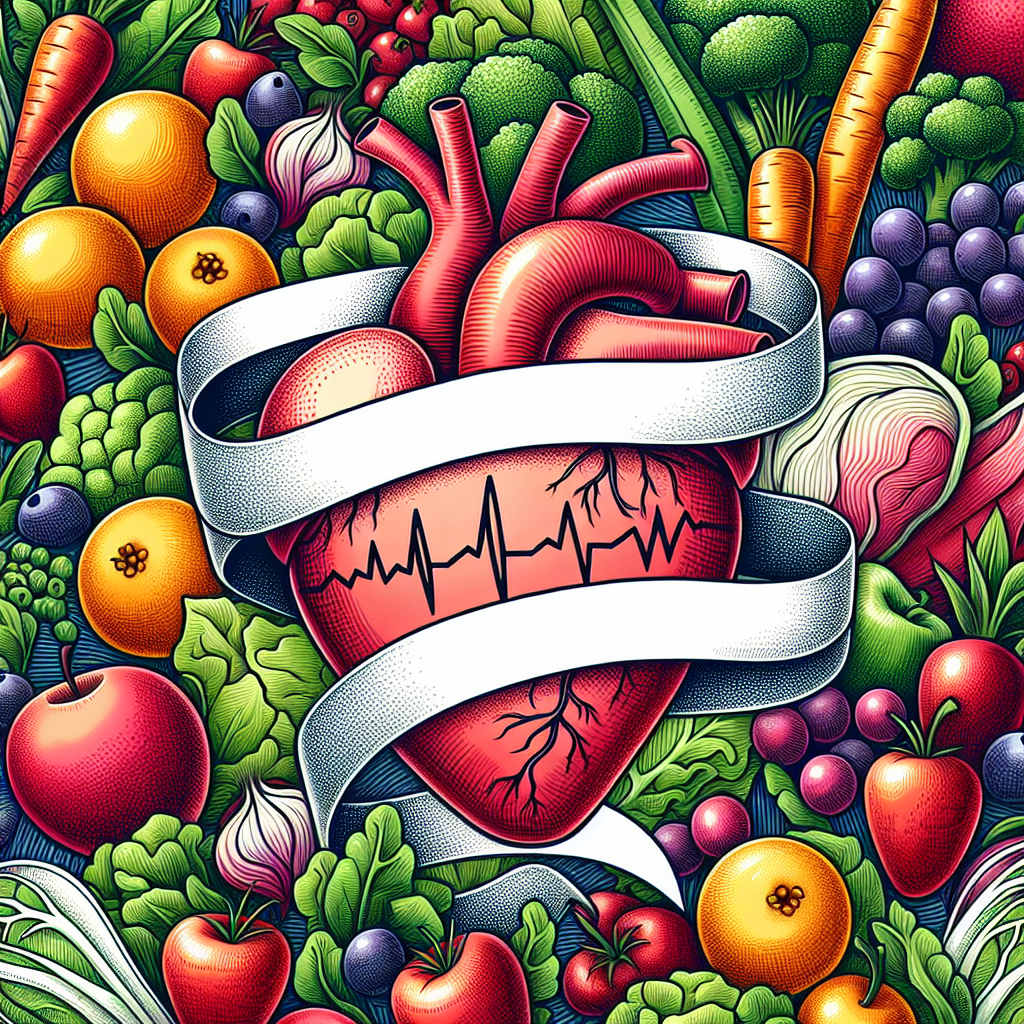 Symbole de cœur entouré d'un ruban, avec des images de fruits et légumes en arrière-plan, illustrant l'amélioration de la santé cardiovasculaire.