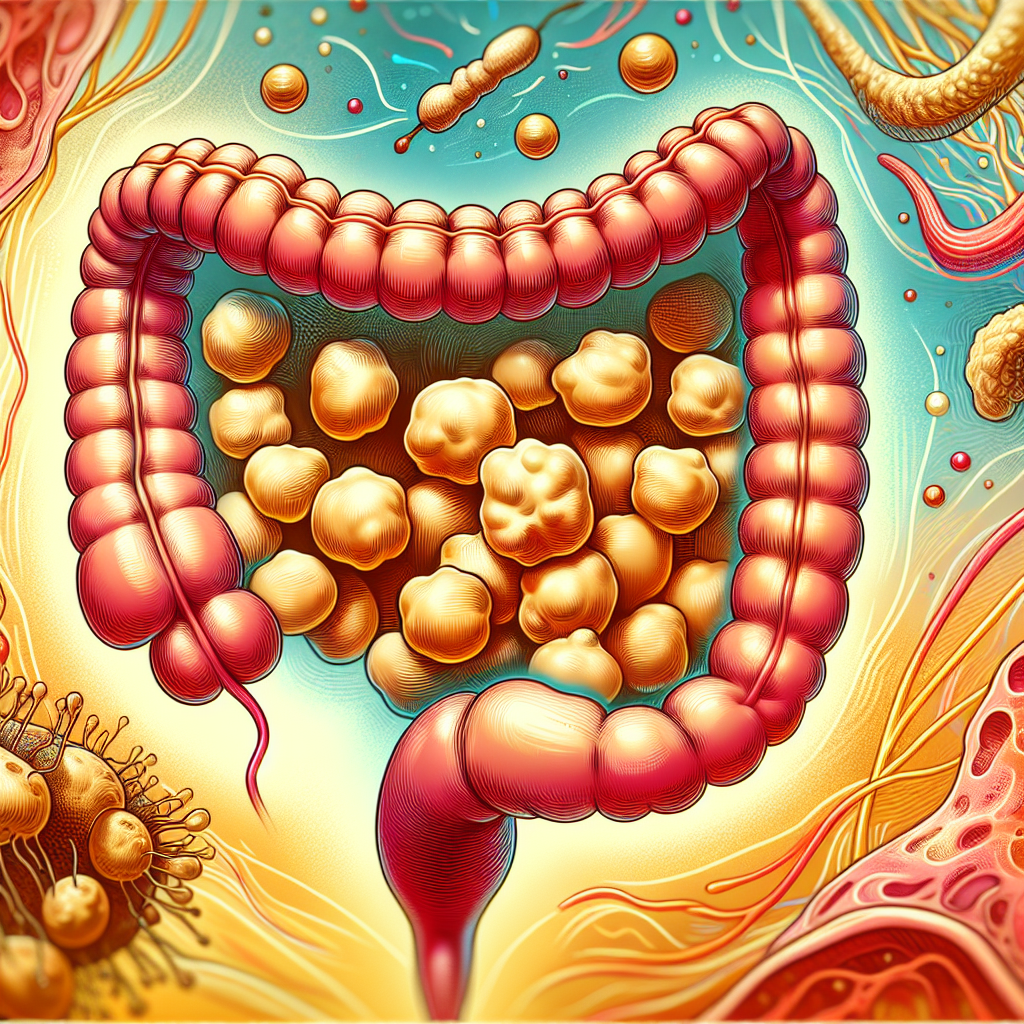 Illustration d'un système digestif sain avec des pois chiches en avant-plan, avec un fond représentant des intestins et des bactéries intestinales.