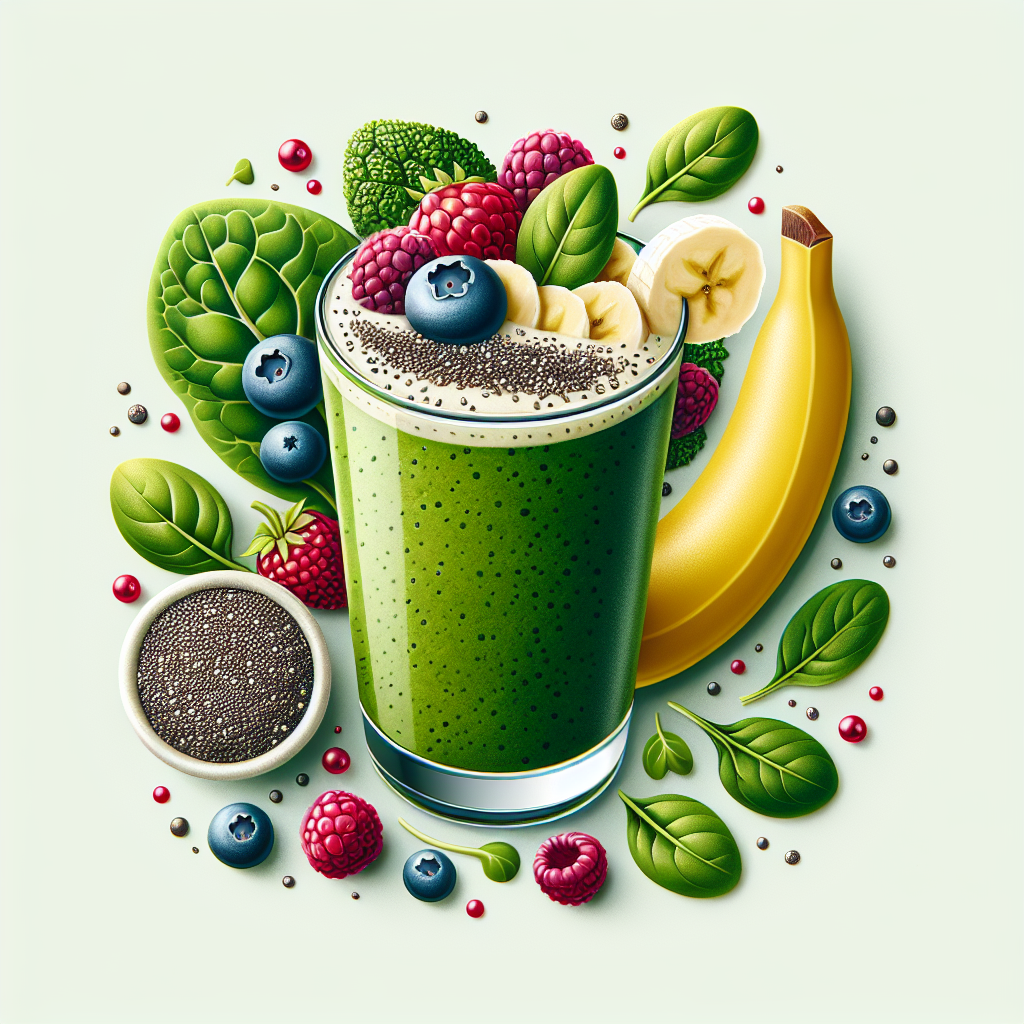 Un smoothie maison coloré et nutritif avec des ingrédients comme des épinards, du chou kale, des baies, une banane et du lait d'amande, avec des graines de chia.