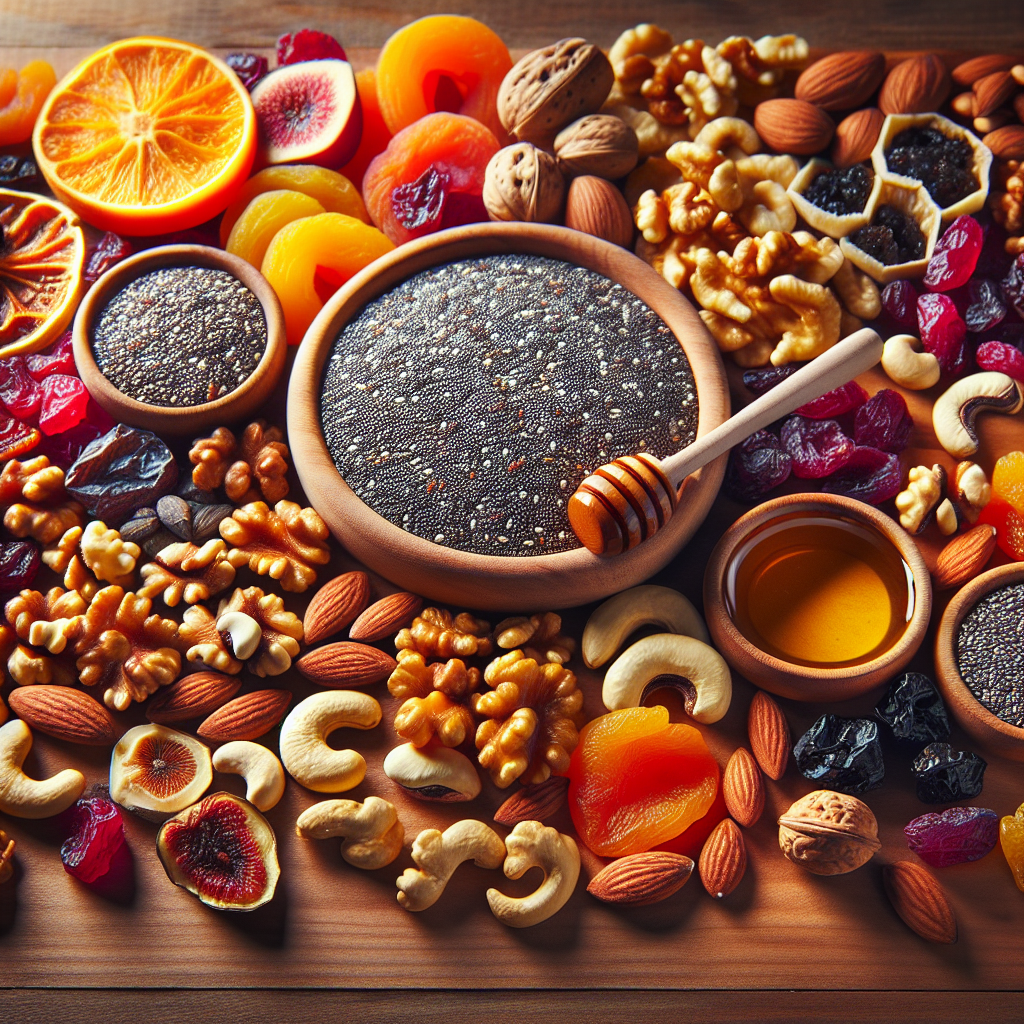 Une collation saine disposée avec des graines de chia, des noix, des fruits secs et du miel sur une surface en bois.