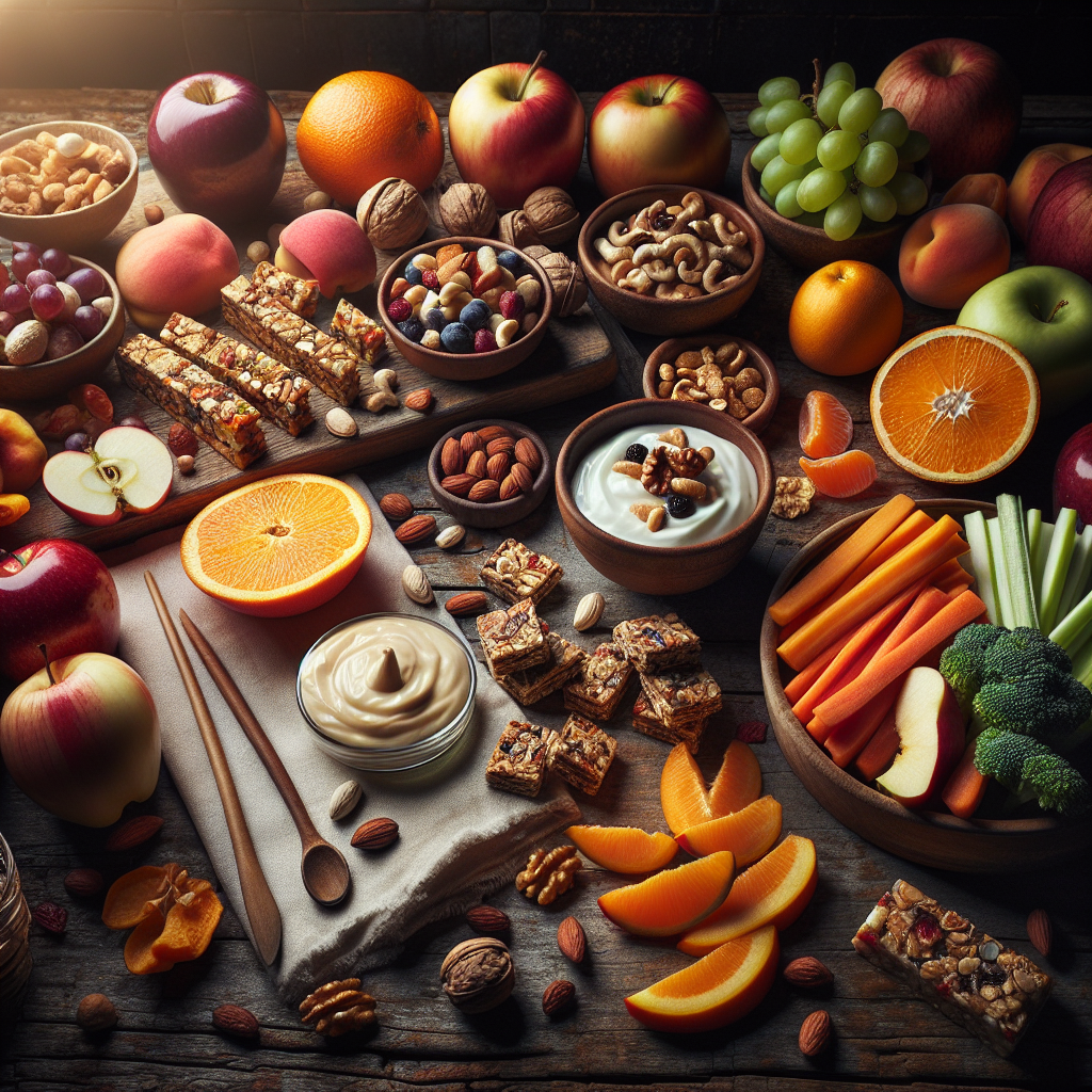 Sélection de snacks sains comprenant des fruits frais, des noix, du yaourt, des bâtonnets de légumes avec du houmous et des barres granola maison sur une table de cuisine.