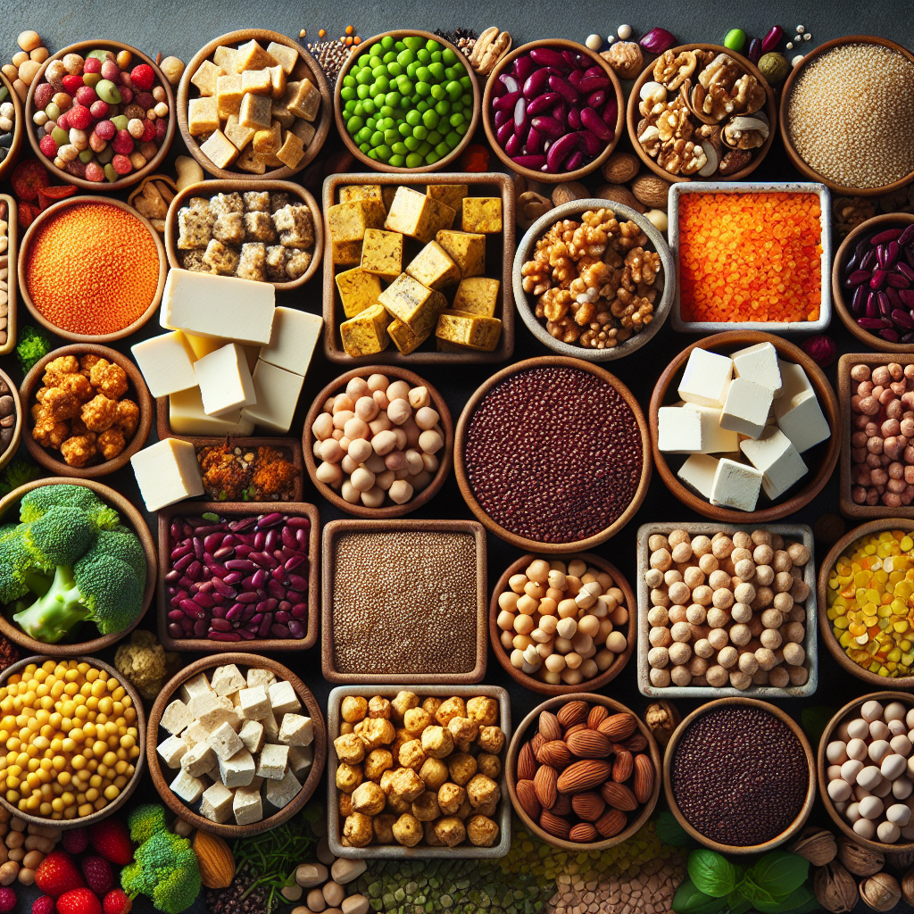 Un assortiment coloré de sources de protéines végétales incluant du quinoa, du tofu, des pois chiches, des lentilles, des noix et des graines.