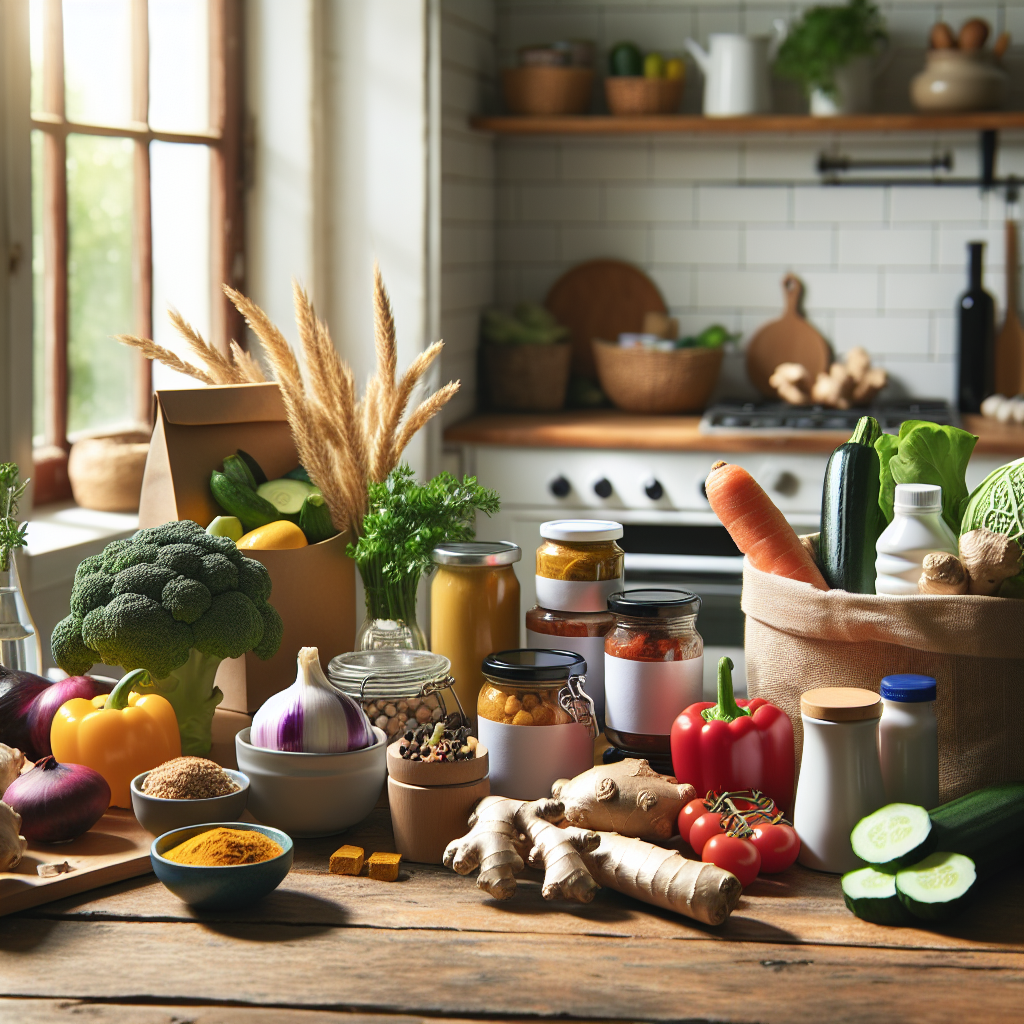 Scène sereine avec des légumes frais, des aliments sans gluten et des épices anti-inflammatoires comme le curcuma et le gingembre, disposés artistiquement sur une table de cuisine en bois, avec la lumière du soleil entrant par une fenêtre.