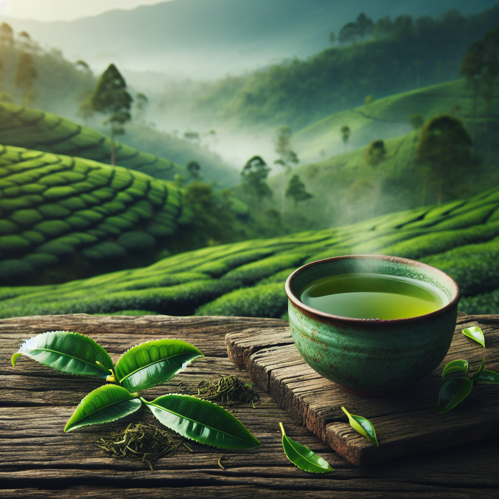 Une tasse de thé vert fumante sur une table en bois avec des feuilles de thé fraîches.