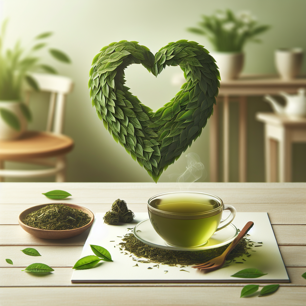 Une tasse apaisante de thé vert à côté d'un symbole de cœur fait de feuilles vertes fraîches, dans un cadre propre et apaisant.