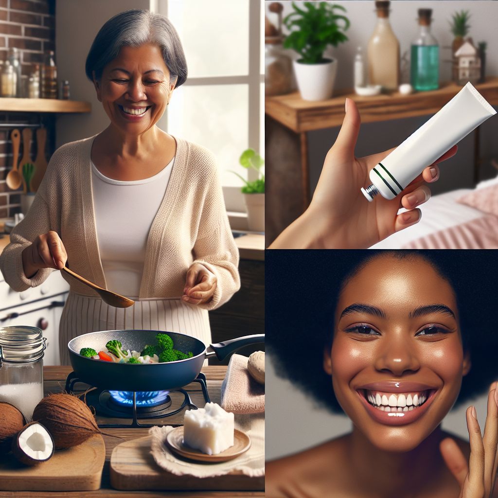 Diverses utilisations de l'huile de coco, incluant la cuisine, le soin de la peau, et la santé dentaire.