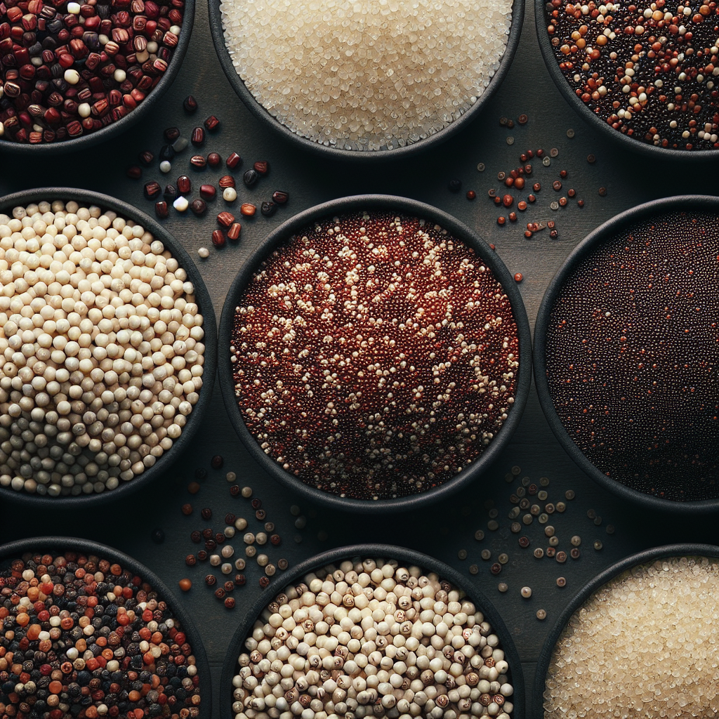 Différentes variétés de quinoa, montrant le quinoa blanc, rouge et noir.