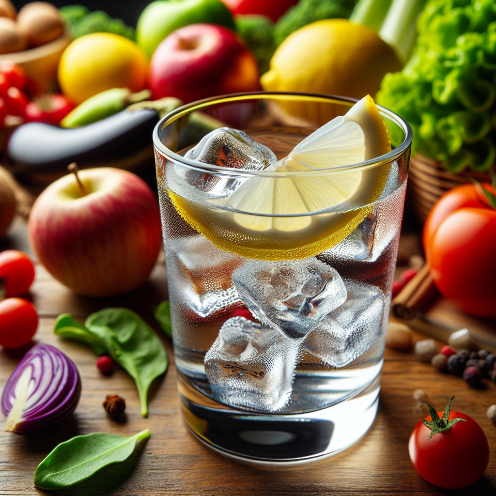 Verre d'eau avec une tranche de citron, des fruits et légumes frais en arrière-plan.