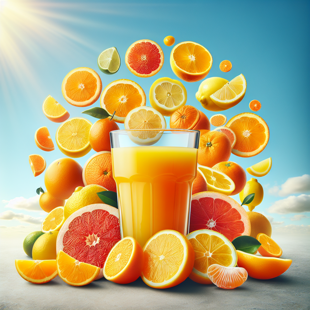 Un verre de jus d'orange frais entouré de divers agrumes comme des oranges, des citrons, des pamplemousses et des mandarines, sur un fond ensoleillé et chaleureux.