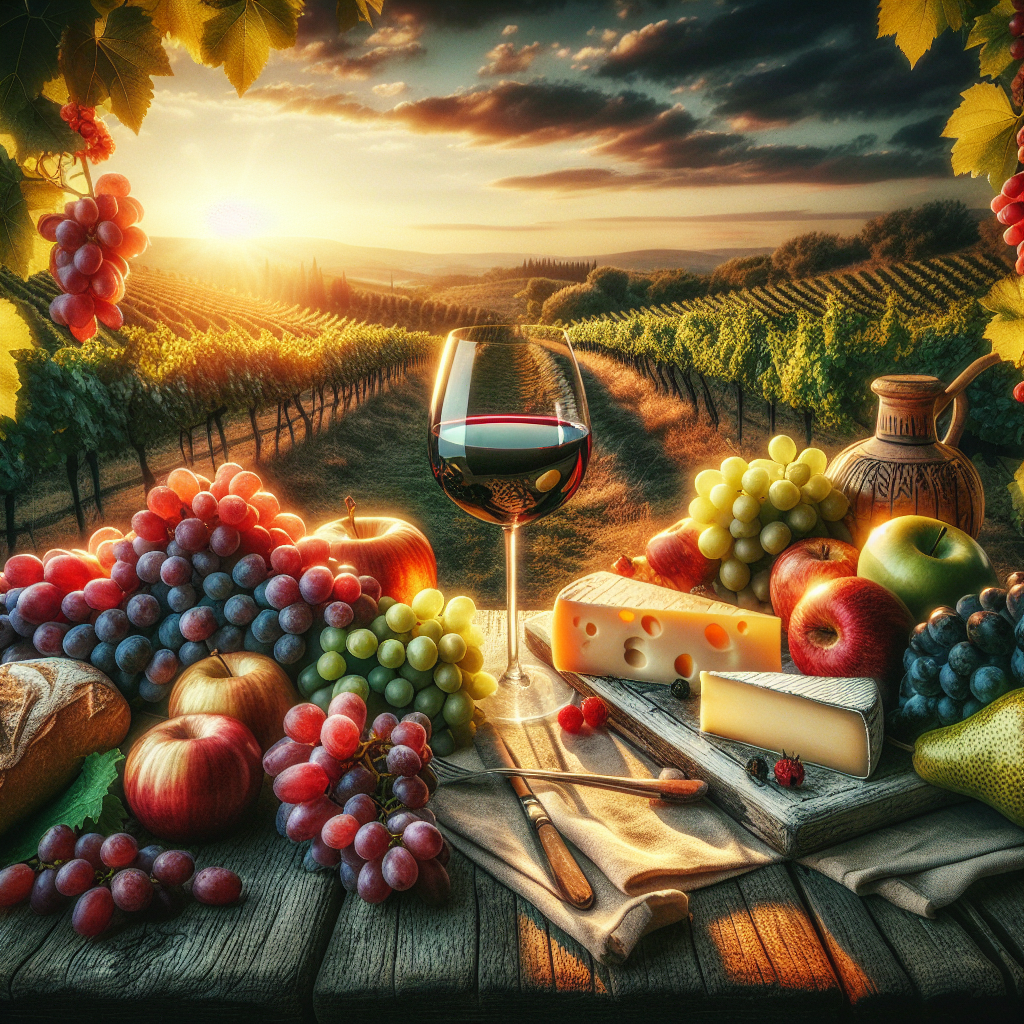 Un verre de vin rouge sur une table rustique méditerranéenne avec des fruits frais, du fromage et du pain. En arrière-plan, un vignoble paisible au coucher du soleil.