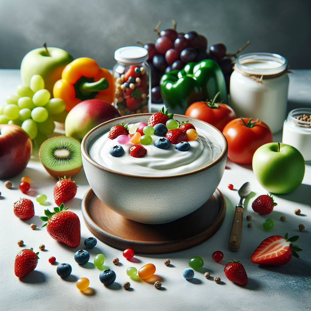 Un bol de yaourt nature entouré de fruits et légumes frais, mettant en avant ses propriétés naturelles et saines.