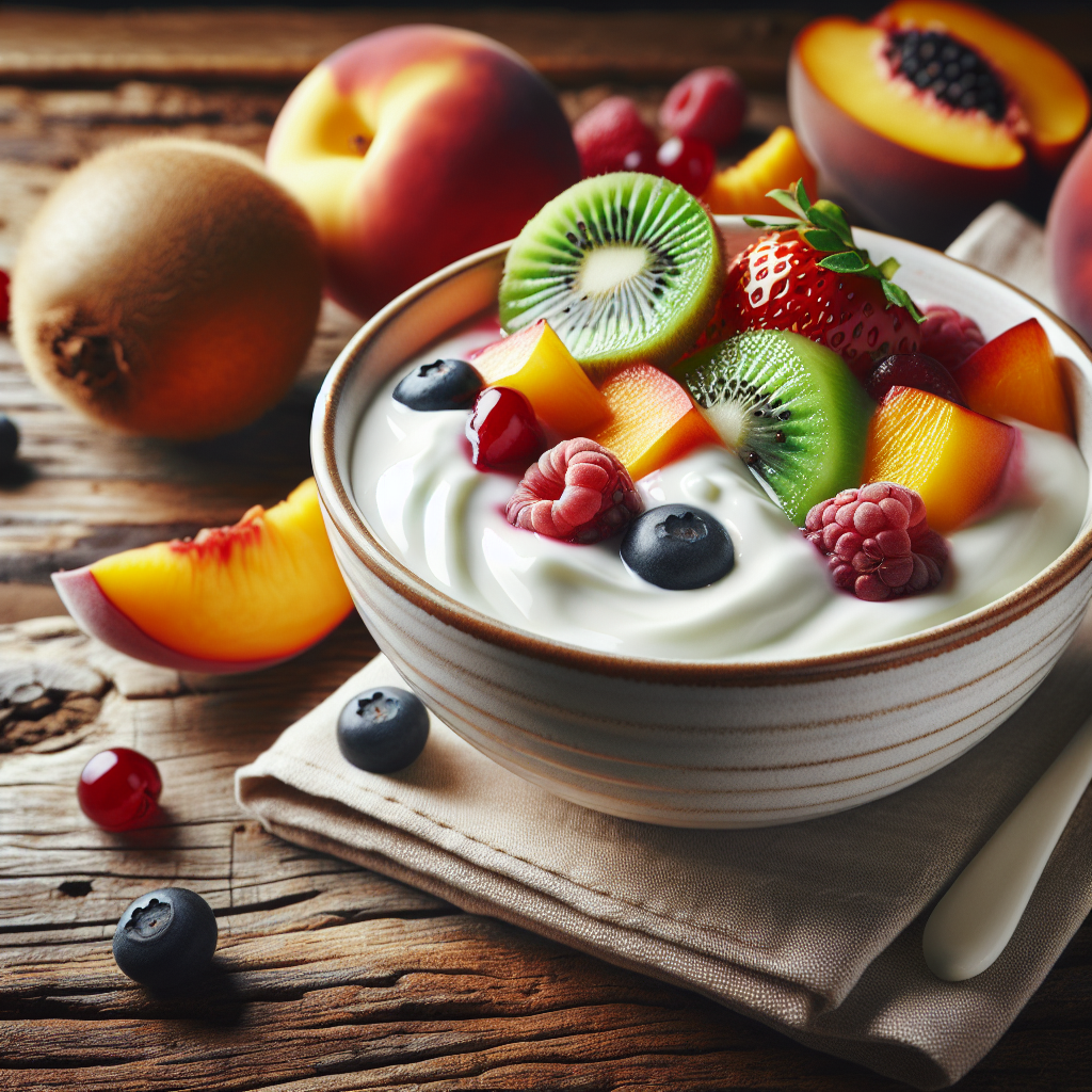 Un bol de yaourt probiotique avec des fruits frais sur une table en bois.