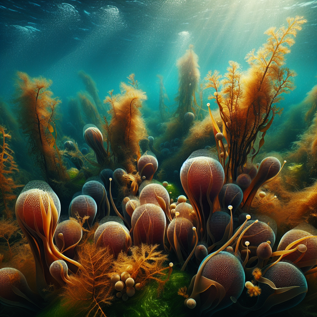 Illustration de l'algue brune Fucus vesiculosus dans les eaux froides de l'Atlantique ou de la Baltique, montrant son habitat naturel sous-marin riche en vie marine et en autres algues, avec des vessies aériennes caractéristiques.