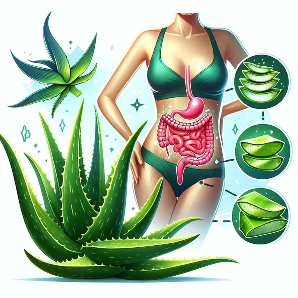 Illustration montrant les bienfaits de l'aloe vera sur la digestion, avec une plante d'aloe vera et des éléments visuels représentant un estomac sain et une taille fine.