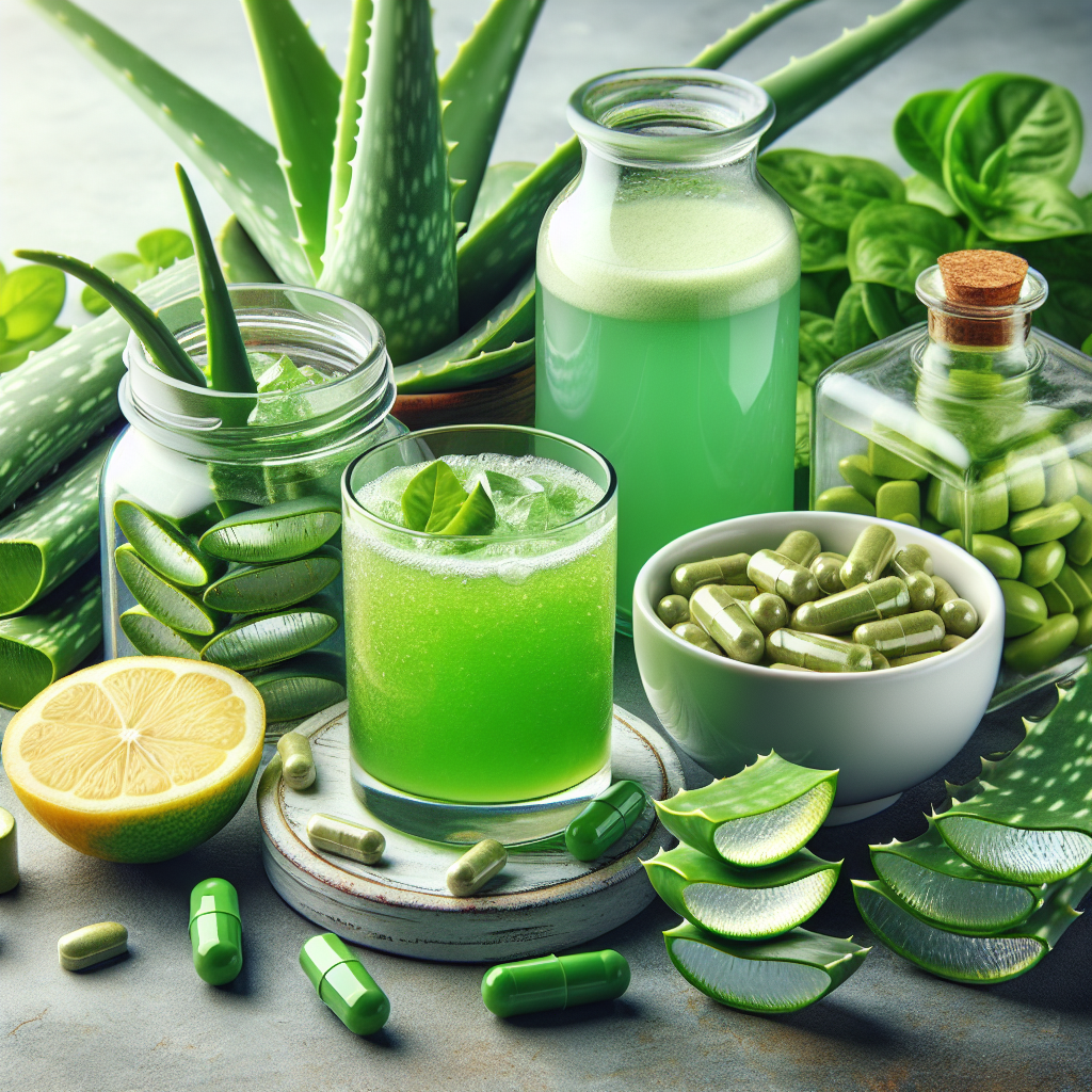 Méthodes pour utiliser l'aloe vera pour perdre du ventre, avec une boisson d'aloe vera, un smoothie avec aloe vera et légumes, des gélules d'aloe vera, et un mélange d'aloe vera avec miel et citron.