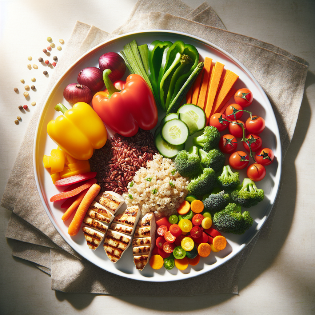 Une assiette équilibrée avec des légumes, protéines maigres et céréales complètes pour maigrir.